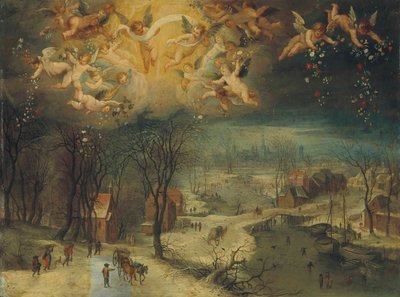 Téli táj fát szedegető falusiak és korcsolyázók a befagyott folyón..., 17 első harmada alkotó: Jan Brueghel the Elder