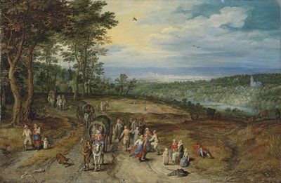 Kiterjedt erdős táj, az úton utazókkal és az előtérben táncoló parasztokkal / Landscape with Travellers and Peasants on a Track (Tájkép utazókkal és parasztokkal az úton) alkotó: Jan Brueghel the Elder