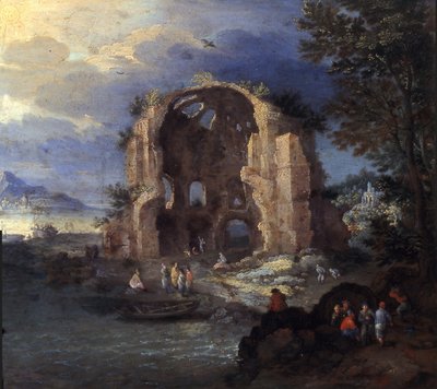 Tengerparti táj halászokkal és a Minerva Medica templom romjaival alkotó: Jan Brueghel the Elder