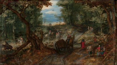 Erdő, patakot átszelő szekerek és lovasok alkotó: Jan Brueghel the Elder