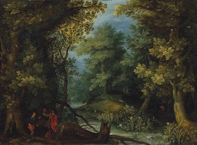Vadászok vadászkutyákkal egy patak mellett egy erdős tájban alkotó: Jan Brueghel the Elder