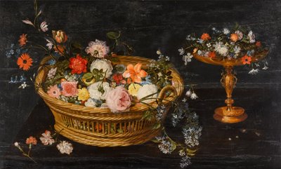 Csendélet virágokkal egy kosárban és egy aranyozott tazzában alkotó: Jan Brueghel the Younger