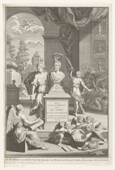 Hugo de Groot mellszobra Victoria által dicsért Huig de Groot úr élete és üzlete (cím a tárgyon) Címlap: Caspar Brandt és Adriaan van Cattenburg, Huig de Groot úr életének története, 1727 alkotó: Jan Caspar Philips