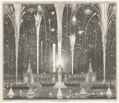 Tűzijáték Hágában az aacheni békéért, 1749 A tűzijáték ábrázolása, Hágában, 1749. június 13-án, használta: den Aakensche Vreede / Representation du feu d