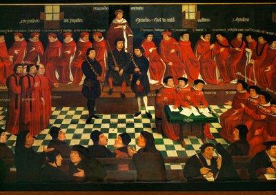 A burgundiai parlament ünnepélyes megnyitó ülése Mechelenben (festmény tölgyfára) alkotó: Jan Coessaet