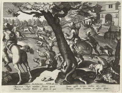 Hertenjacht met honden Jachttaferelen (sorozat címe) Vadra, tyúkra és halra vadászat a Bestiáriumban (sorozat címe) alkotó: Jan Collaert (II) (attributed to)