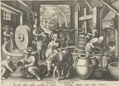 olívaprés Olevm Olivarvm (cím a tárgyon) Új találmányok és felfedezések (sorozat címe) Nova Reperta (sorozat címe) alkotó: Jan Collaert (II) (attributed to)