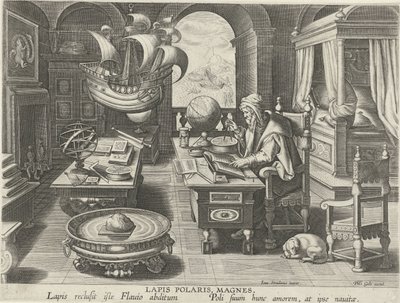 Az iránytű feltalálása Lapis Polaris, Magnes (cím a tárgyon) Új találmányok és felfedezések (sorozat címe) Nova Reperta (sorozat címe) alkotó: Jan Collaert (II) (attributed to)