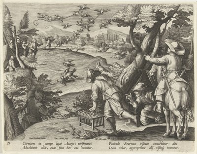 Jacht op kraaien en spreeuwen Jachttaferelen (sorozat címe) Vadra, tyúkra és halra vadászat a Bestiáriumban (sorozat címe) alkotó: Jan Collaert (II)