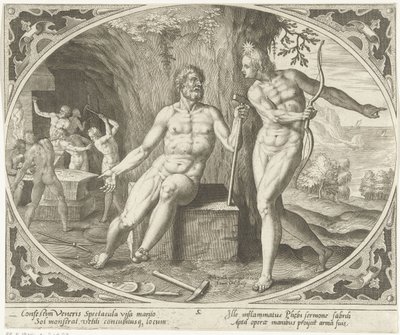 Phoebus tájékoztatja Vulcant a házasságtörésről Vénusz és Mars (sorozat címe) alkotó: Jan Collaert (II)