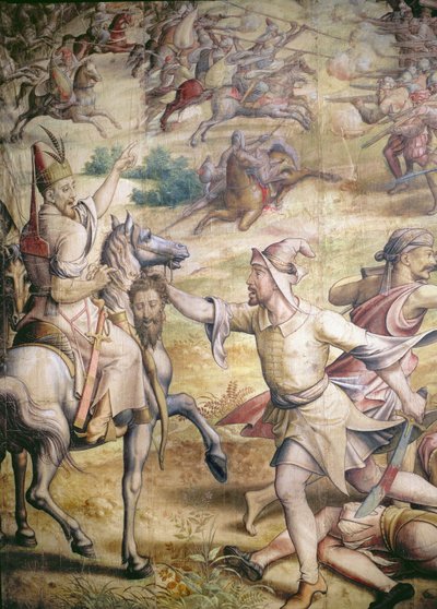 V. Károly császár 1500-58-as hadjárata a törökök ellen Tunisznál 1535-ben: Goletta elfoglalása, részlet egy testetlen fejet tartó gyalogos katonáról, karikatúra gobelin faszénről és WC-ről papíron alkotó: Jan Cornelisz Vermeyen