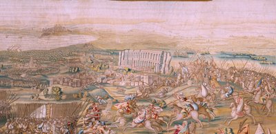 Flamand kárpit. sorozat: Tunisz meghódítása. A támadás La Goleta ellen (Ataque a la Goleta). A sorozat negyedik kárpitja. Jan Vermeyen modell és Pieter Coecke van Aelst. 1543-1548. Gyártás Real Fábrica de Tapices de Santa Bárbara, Madrid alkotó: Jan Cornelisz Vermeyen
