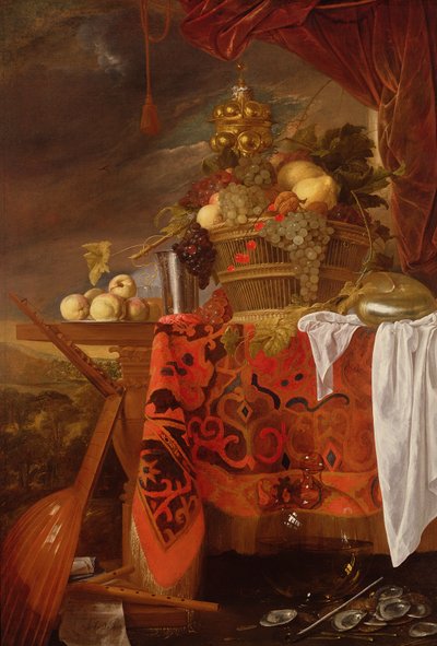 Egy kosár vegyes gyümölccsel aranyozott csészével, ezüst kehely, Nautilus, üveg és őszibarack tányéron alkotó: Jan Davidsz de Heem