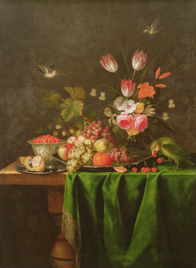 Gyümölcs- és virágcsendélet papagájjal zöld ruhával letakart asztalon (a részletekért lásd: 100412) alkotó: Jan Davidsz de Heem