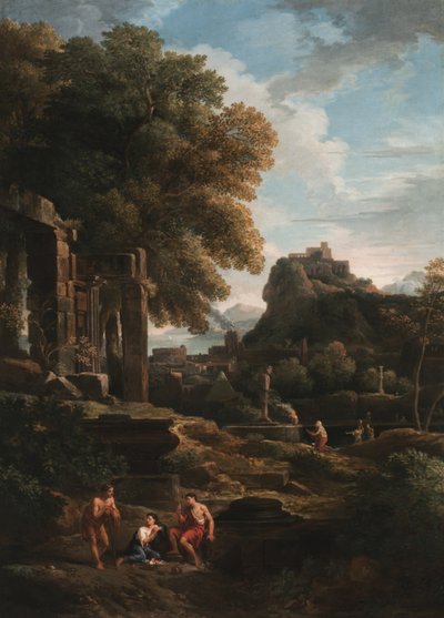 Klasszikus táj alakokkal az előtérben, balra romokkal, középen áldozatot hozó alakkal (olaj, vászon) alkotó: Jan Frans van Bloemen