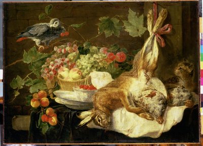 Csendélet nyúllal, gyümölccsel és papagájjal, 1647 alkotó: Jan Fyt