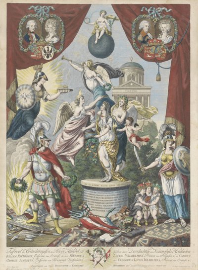 Mondat V. Vilmos fiának és lányának házasságáról, 1790-1791 Táblázat a (...) Willem Frederick, Orange örökös hercege és Frederica Louisa Wilhelmina, van Pruyssen és hercegek, valamint Carolus George Aug között kötött magas házasságok emlékére alkotó: Jan Gerritsz. Visser