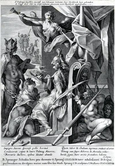 Mercury és Minerva felkarol egy hőst bikabőrrel és babérkoszorúval, 1604 alkotó: Jan Harmensz Muller