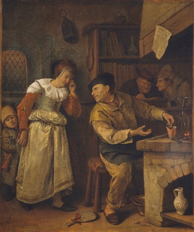 Egy ötvös, aki egy női ékszert olvaszt le egy közjegyző jelenlétében: Az alkimista, c. 1668-70 (olaj, vászon) alkotó: Jan Havicksz. Steen