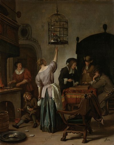 Belső egy papagájt etető nővel, „a papagájketrec” néven, 1660-70 körül (olaj, vászon a panelen) alkotó: Jan Havickszoon Steen