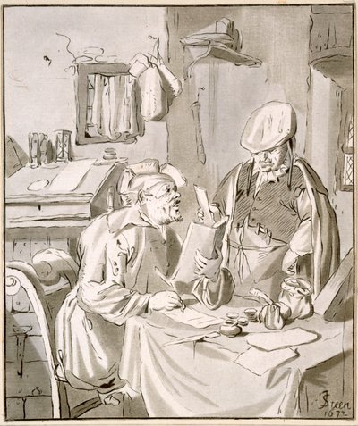 Két férfi pénzről beszélget egy irodában, 1672, Cornelis Ploos van Amstel (1726-98) vagy Christian Josi (1765-1828 körül) alkotó: Jan Havickszoon Steen