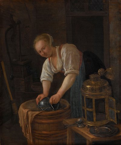 Fémtárgyakat súroló nő, 1650-60 alkotó: Jan Havickszoon Steen