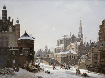 Capriccio kilátás egy városra alakokkal a befagyott csatornán alkotó: Jan Hendrik Verheyen