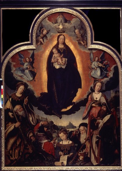 "La Vierge en Gloire" (A Szűz megdicsőülése) A Szűzet és Jézus Krisztust körülvevő szereplők közül: Dávid király hárfán játszik, Augustus római császár (Caius Julius Caesar Octavianus Augustus) (Kr. e. 63-14), próféták alkotó: Jan II Provost