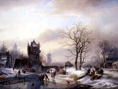 Korcsolyázók a befagyott folyón (olaj, vászon) alkotó: Jan Jacob Spohler