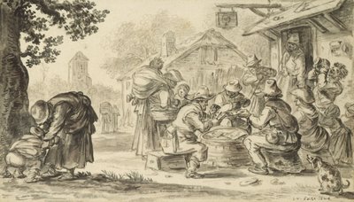 Farmers kártyajáték a fogadó előtt, 1624 (ceruza, toll, tinta és ecset papíron) alkotó: Jan Josephsz van Goyen