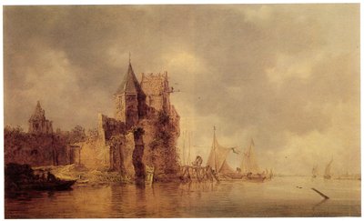 Középkori torony a vár sáncán vitorlás hajókkal a mólónál és evezős csónakkal az előtérben, 1642 körül (olaj, panel) alkotó: Jan Josephsz van Goyen