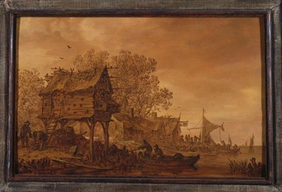Falu a folyóparton, parasztok csónakban egy galambdúc mellett, 1651 alkotó: Jan Josephsz van Goyen