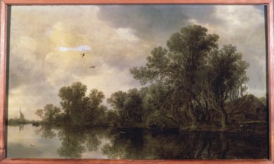 Erdős folyami táj, parasztokkal evezős csónakban egy házikó mellett és egy komp, a távolban vitorlás, 1633 alkotó: Jan Josephsz van Goyen