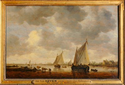 Deux grandes barques à voiles sur un fleuve et bestiaux près de la rive - Két nagy vitorlás egy folyón és állatok a parton ... alkotó: Jan Josephsz van Goyen