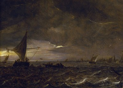 Halászhajók egy torkolatban, alkonyatkor, a horizonton egy város és annak harangtornya. Jan van Goyen (1596-1656) olaj, fa. alkotó: Jan Josephsz van Goyen