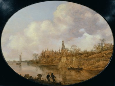 Három halász hálót és kosarat húzva a folyó partján táj, a távolban vár és falu alkotó: Jan Josephsz van Goyen