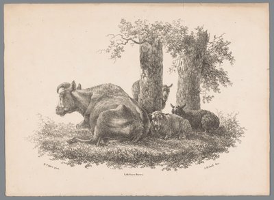 Egy tehén és három bárány Beesten Studien J. Kobell Paul Potter nyomán Nr. 1 (sorozat címe) alkotó: Jan Kobell (III)