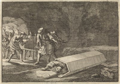 Rómában a temetkezési szolgák látják, hogy Antonio Marlini, akit néhány nappal korábban egy páncélszekrényben temettek el, valószínűleg halott volt, 1696 alkotó: Jan Luyken
