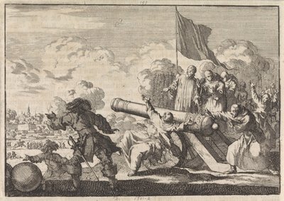 Groningen ostroma, amelyben egy ágyút hat szerzetes áldott meg, 1672 alkotó: Jan Luyken