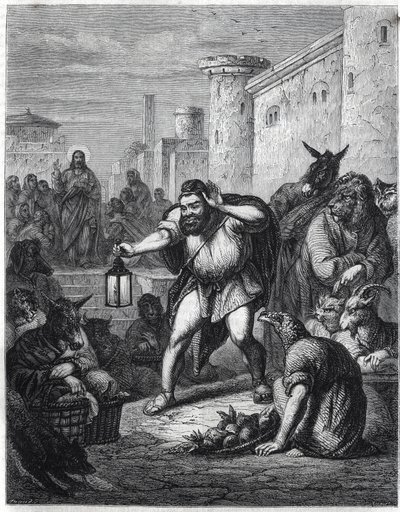 Esop és Krisztus: a görög író Esop (Esop vagy Esopus, Kr. e. 6. század) lámpással a kezében állatfejű szereplők között sétál, „embert” keresve. Mögötte Jézus Krisztust látjuk. Illusztrációt az „Esope a un alkotó: Jan Luyken