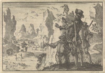 A fegyveres spanyolok sziklákról nézik le a teljesen vad embereket, kb. 1600 alkotó: Jan Luyken