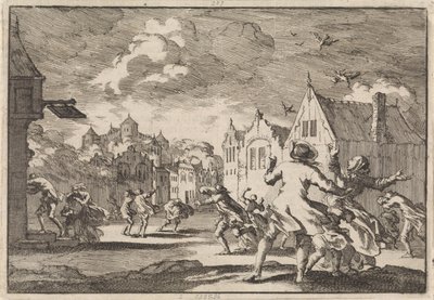 A lüneburgi Luchow-kastély melletti falu lakóit forgószél támadja meg, amelyben a madarak holtan zuhannak le az égből, 1671 alkotó: Jan Luyken