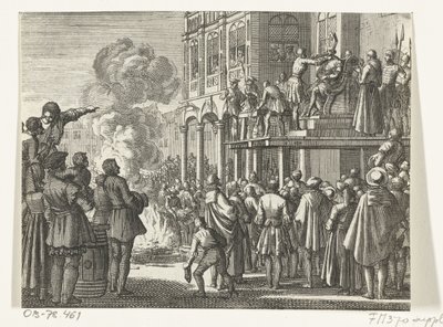 Jacob van Campen püspöksüveggel a fején az amszterdami vesztőhelyen, 1535 alkotó: Jan Luyken
