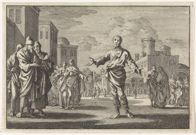 Jézus, Ananus fia, Jeruzsálem utcáin sétál alkotó: Jan Luyken