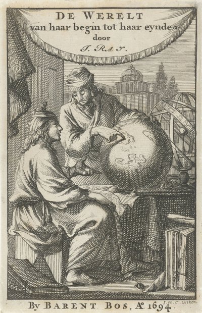 Két férfi egy földgömböt tanulmányoz Címlap: J. Ray, The World from Her Beginning to Her End, 1694 alkotó: Jan Luyken