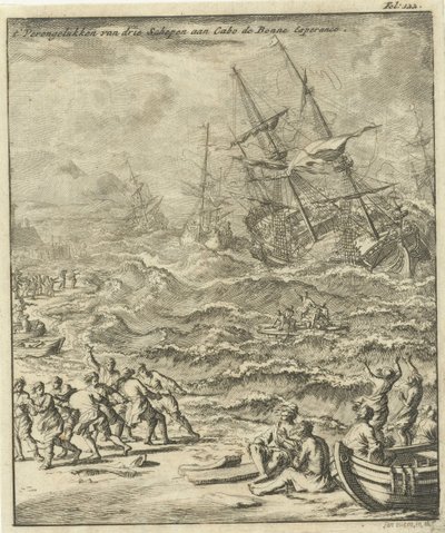 Hajótörés a Jóreménység fokánál, 1693 Három hajó összeomlása Cabo de Bonne Esperance-ben (cím a tárgyon) alkotó: Jan Luyken