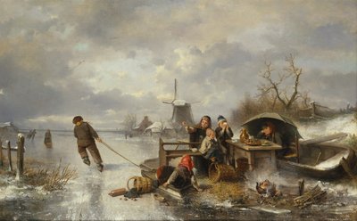 Gyerekek játszanak a befagyott tavon, téli tájban (olaj, vászon) alkotó: Jan Mari Henri Ten Kate