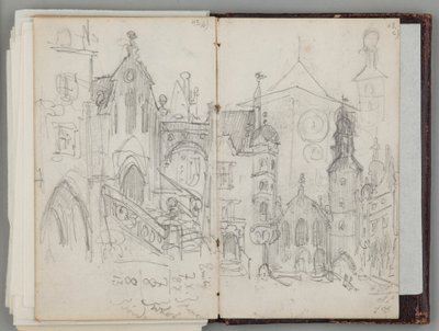 Jan Matejko müncheni vázlatfüzete. Egyoldalas rajz. Előlap: a müncheni régi Marienplatz tanulmánya és tornyok tanulmánya. alkotó: Jan Matejko