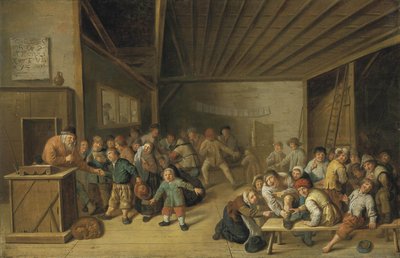 Iskolaterem belső tere, a tanár a pódiumon, a tanulók vidáman mulatnak. alkotó: Jan Miense Molenaer