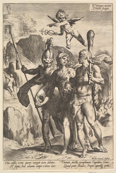 Herkulesnek megmutatják a hegyes utat a Halhatatlan Hírnév Templomához a Társaságban..., kb. 1591. alkotó: Jan Muller